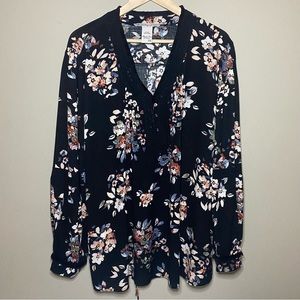American Rag Cie Top Blouse 2X Black Floral Long Sleeve Self Tie Waist New